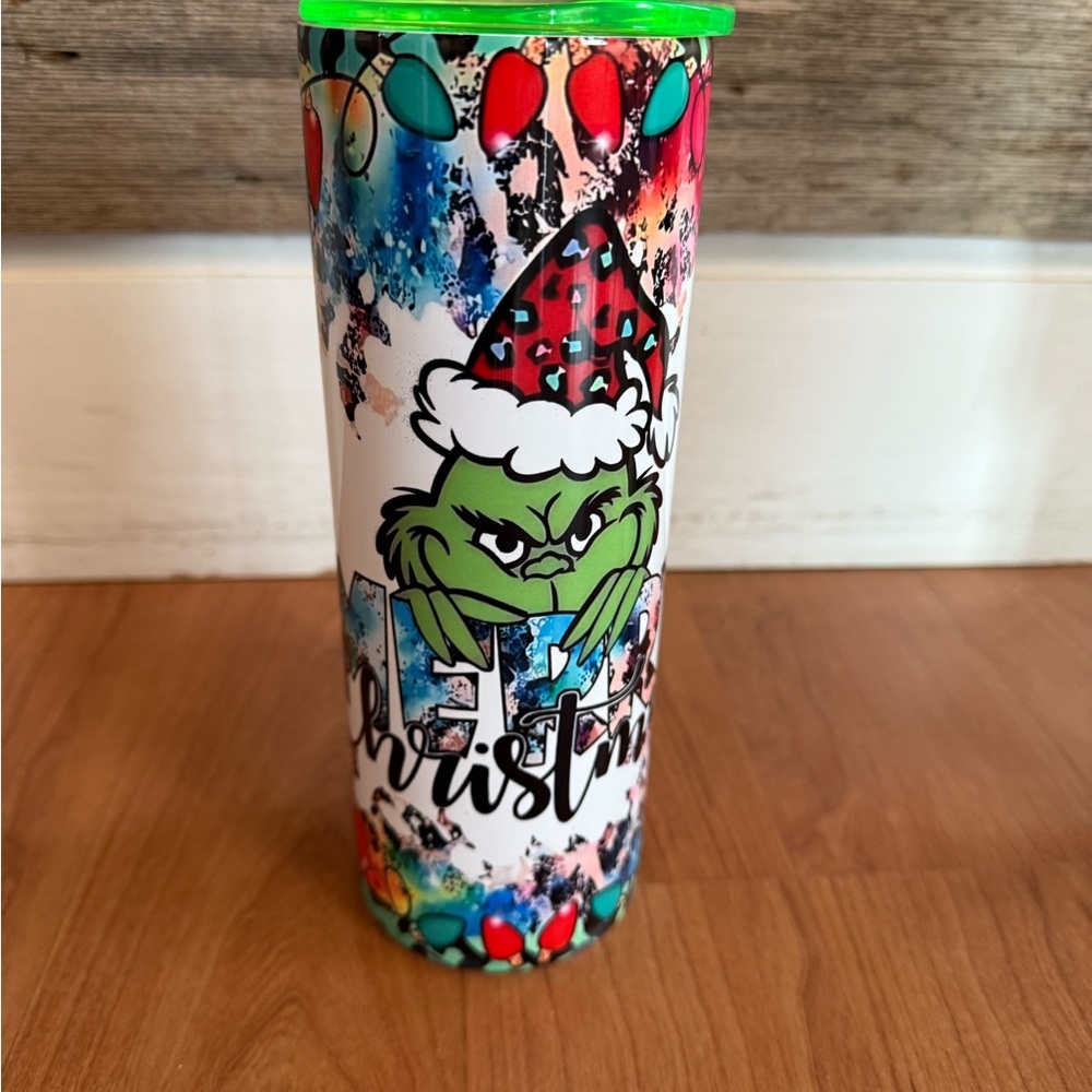 Brand New Christmas Grinch Tumbler with Santa Hat